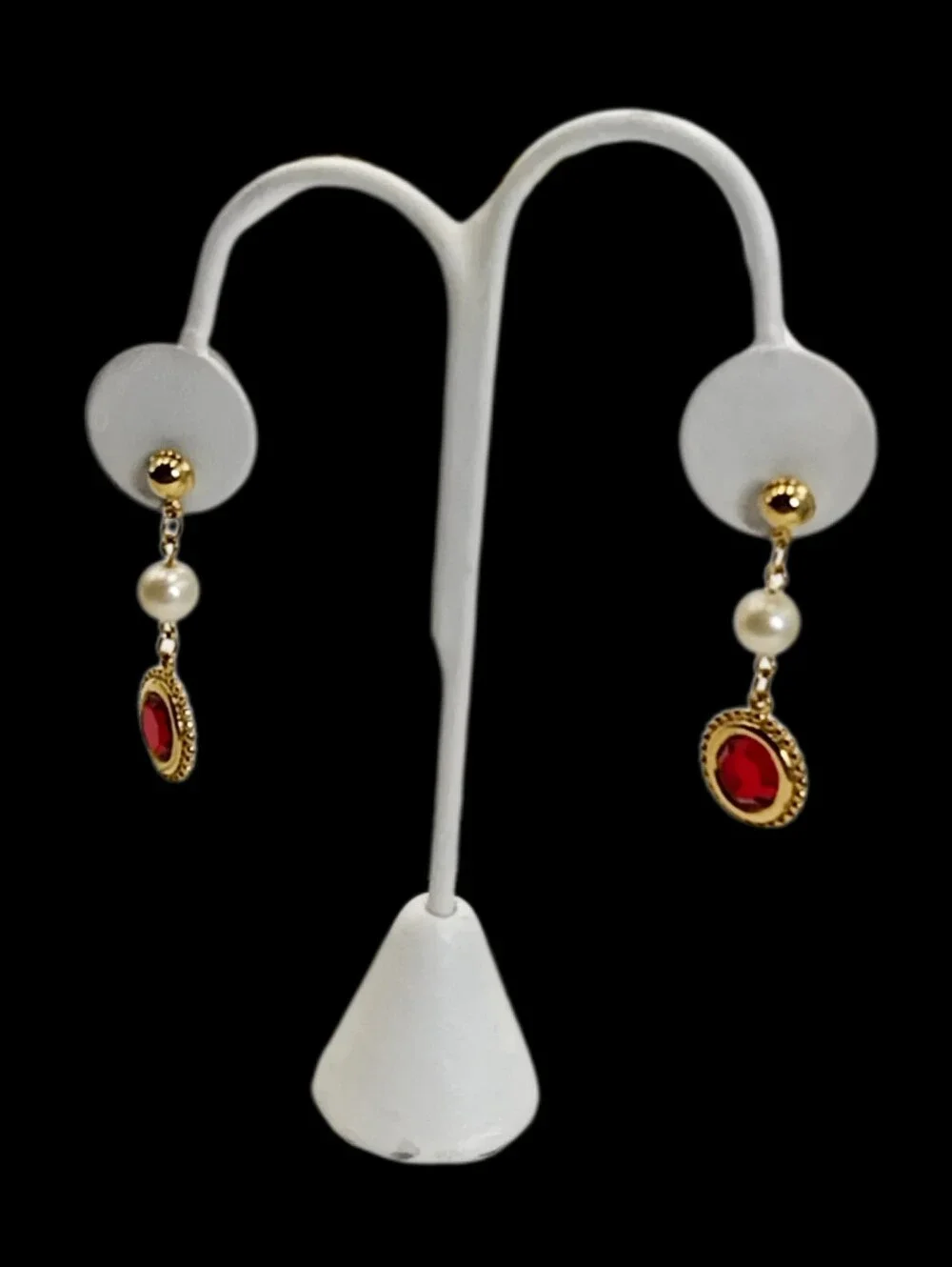 Deep Red Crystal & Faux Pearl Gold Tone Dangle Earrings 1.6
